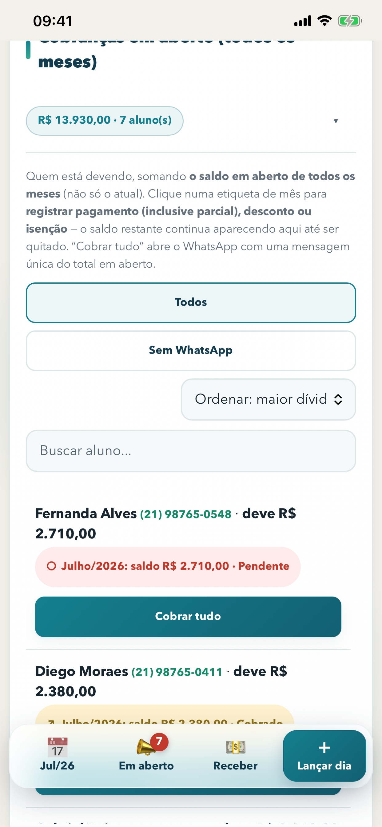 Tela de cobranças e recebimentos