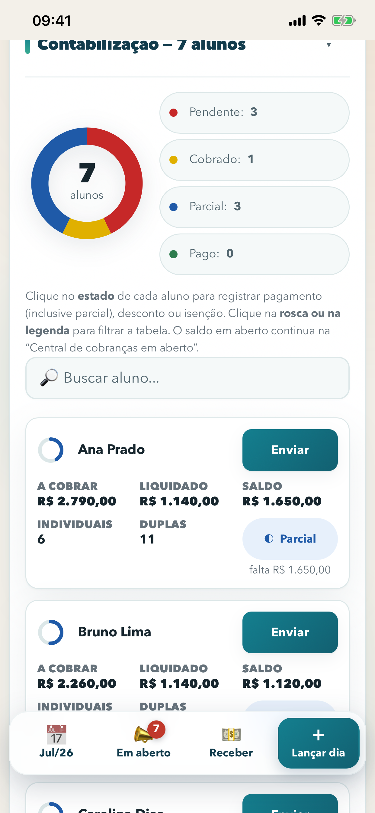 Tela de contabilização das aulas