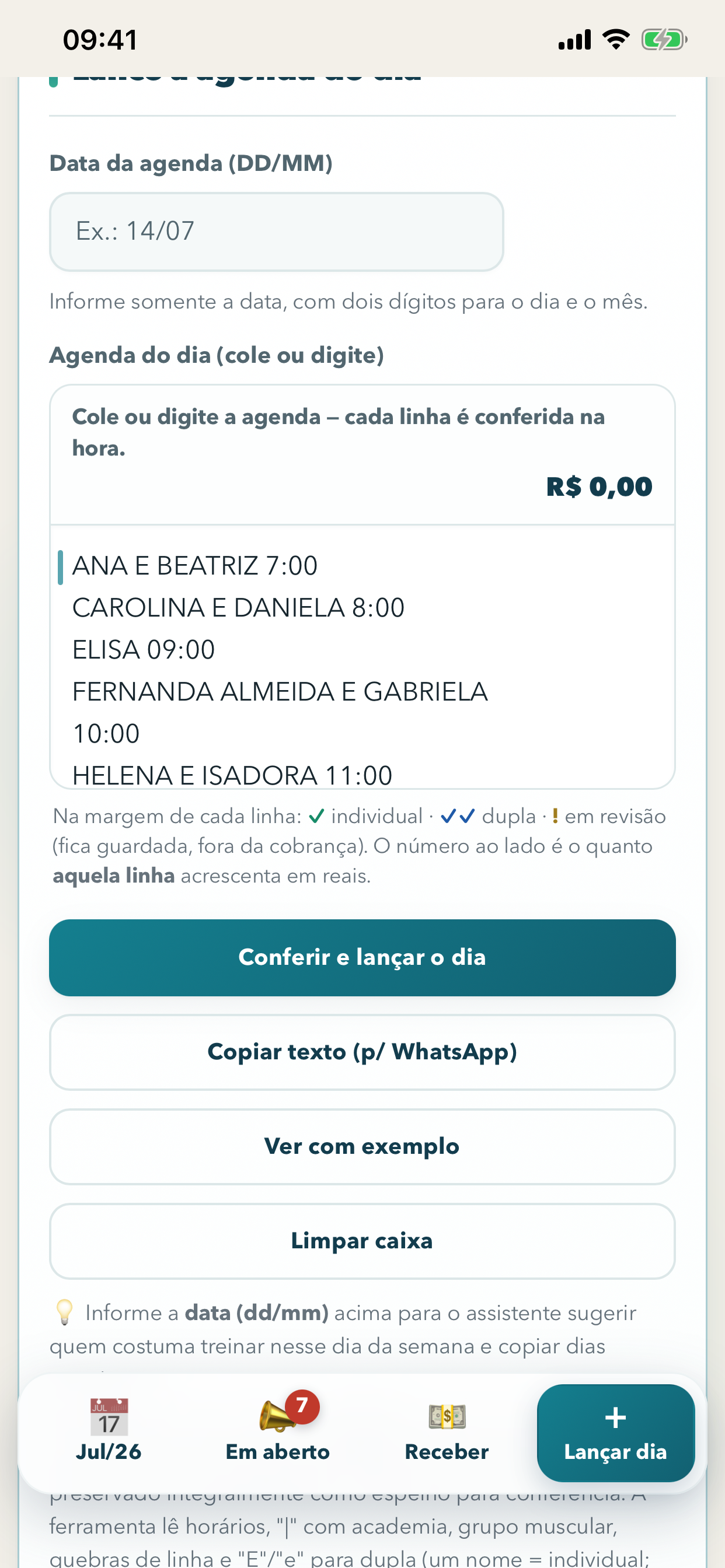 Tela para lançar uma agenda no Aulas em Dia