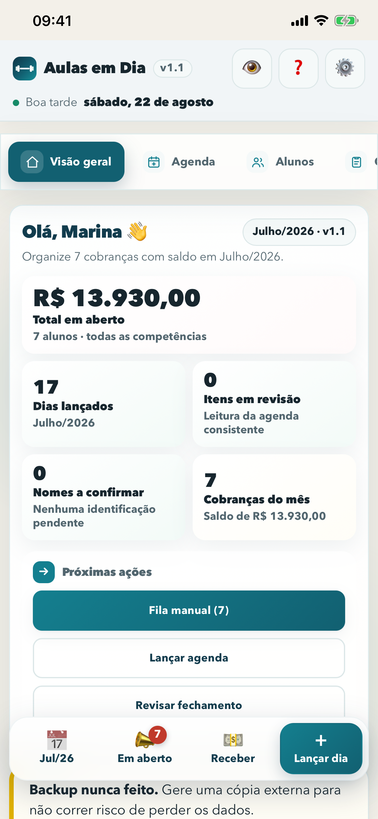 Visão geral do aplicativo Aulas em Dia com agenda e cobranças organizadas